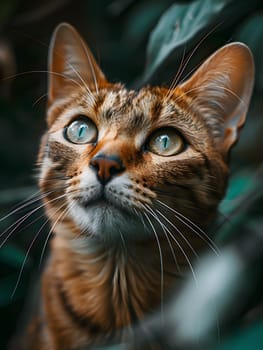 A closeup of a Felidae, small to mediumsized cat looking up at the camera with whiskers, snout, and fur visible. A terrestrial carnivore, possibly a domestic shorthaired cat or wildlife