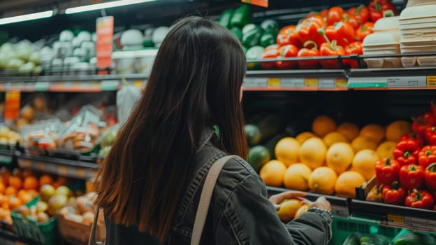 Woman buying fresh groceries at the supermarket, Organic grocery shopping and healthy food.