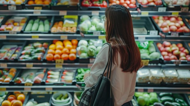 Woman buying fresh groceries at the supermarket, Organic grocery shopping and healthy food.