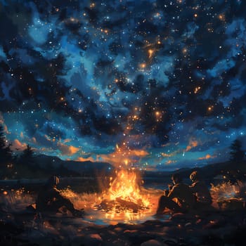 A mesmerizing painting capturing people gathered around a campfire under a starry night sky, enhancing the natural landscape with an atmospheric phenomenon
