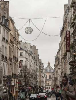 France, Paris - Jan 03, 2024 - The street leads to Institute de France or the Academy francaise in Paris. Space for text, Selective focus.