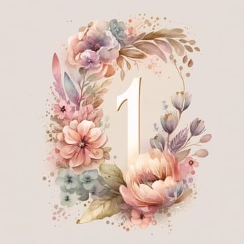 Graphic numbers: Watercolor Floral Number 1. Hand Drawn Floral Number 1.