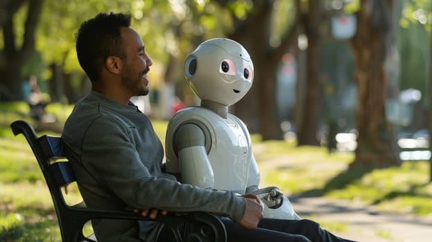 A man and a robot sitting together on a park bench, Demonstrating a bond of friendship and companionship.