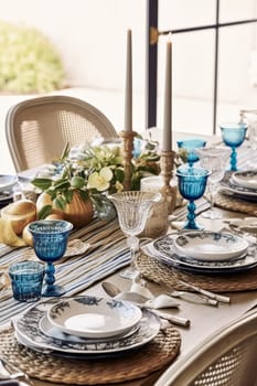 Holiday tablescape with blue details, formal dinner table setting, table scape with decoration for wedding party and event celebration, post-processed, generative ai