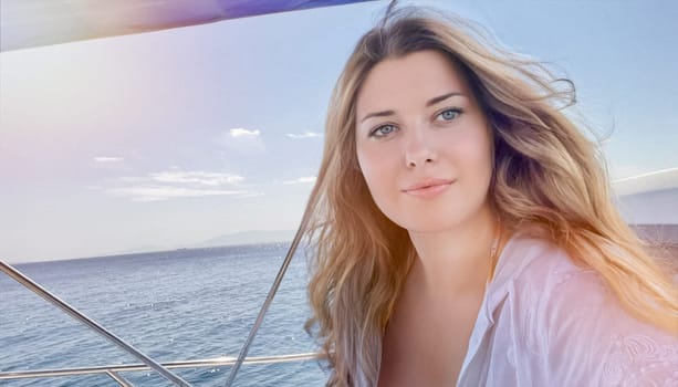 Woman enjoying the sea on a yacht boat, beach lifestyle in summertime, holiday yachting travel and summer leisure concept