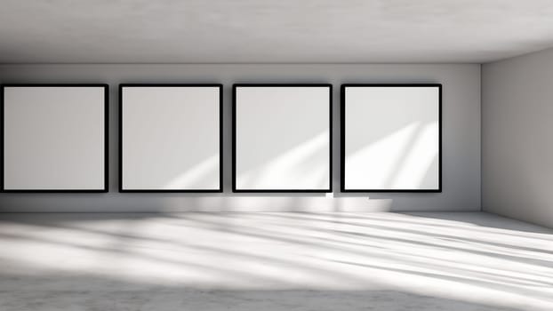 Sunlit Room with Concrete Floor and Framed Canvases on Wall Mockup