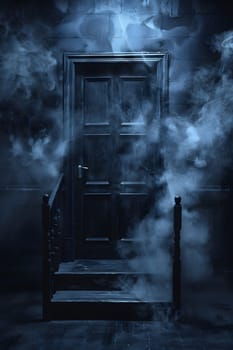 The door, illuminated by automotive lighting, sits at the top of stairs surrounded by smoke in a dark room. The atmosphere is grey and atmospheric, creating a mysterious midnight setting