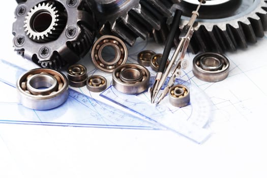 Engineering concept. Extreme closeup of set of old gears