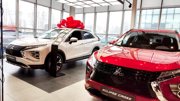 Cheboksary, Russia - March 20, 2023: Cars in showroom of dealership Mitsubishi