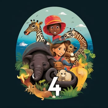 Graphic numbers: Children in safari theme with animals and safari hat illustration.