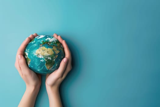 World Environment Day, Earth globe in woman's hands on a blue background.