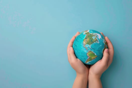 World Environment Day, Earth globe in woman's hands on a blue background.