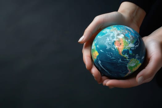 World Environment Day, Earth globe in woman's hands on a black background.