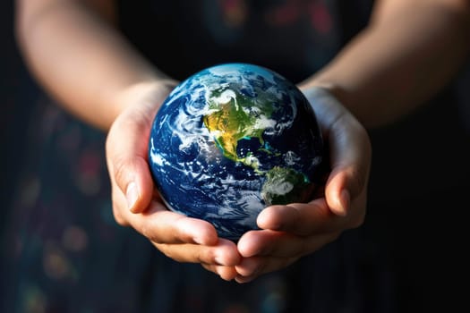 World Environment Day, Earth globe in woman's hands on a black background.