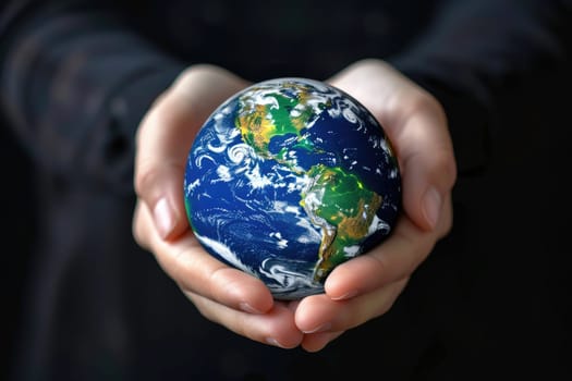 World Environment Day, Earth globe in woman's hands on a black background.