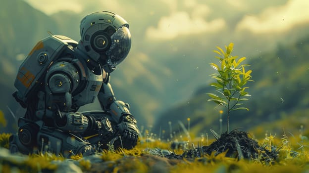 A robot planting a tree in a reforestation effort, Surrounded by a natural landscape, Futuristic preserving and enhancing the environment.