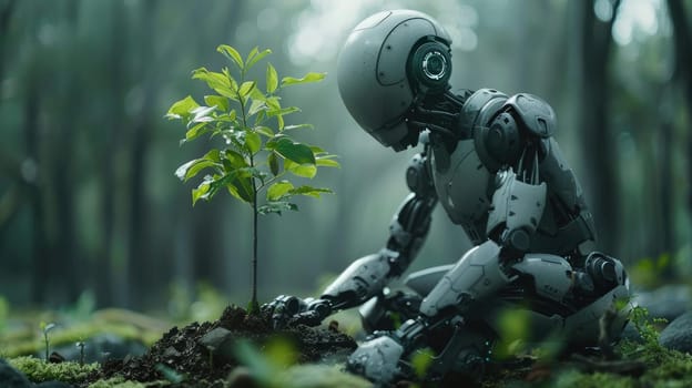 A robot planting a tree in a reforestation effort, Surrounded by a natural landscape, Futuristic preserving and enhancing the environment.