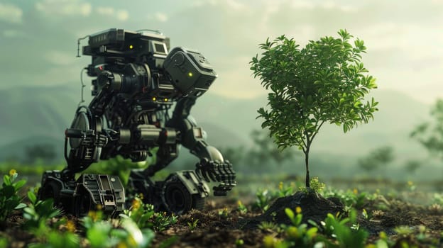 A robot planting a tree in a reforestation effort, Surrounded by a natural landscape, Futuristic preserving and enhancing the environment.