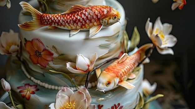 A three-tiered cake adorned with intricate fish and flower decorations.