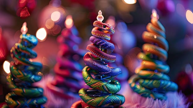 A group of vibrant Christmas trees lined up beside each other, adding a festive touch to the scene.