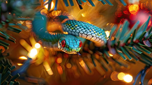 A Christmas tree adorned with a unique blue snake ornament, adding a touch of whimsy to the holiday decor.