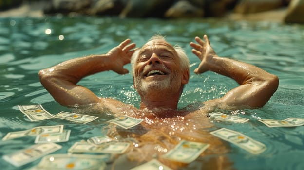A aged man swimming in a pool of money, Rest after retirement.