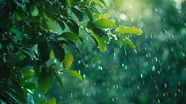 A green leafy tree stands in the rain, with droplets falling on its leaves.