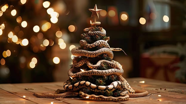 A unique Christmas tree is crafted out of snakes on a table, creating an unusual and intriguing holiday display.