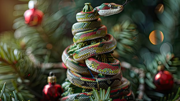 A snake coiled around the apex of a Christmas tree among the festive decorations.