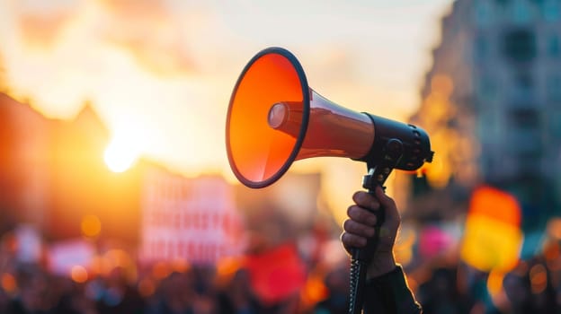 A person holding a megaphone in front of a crowd of protesters. The megaphone is orange and the crowd is made up of people holding signs. Scene is one of protest and activism