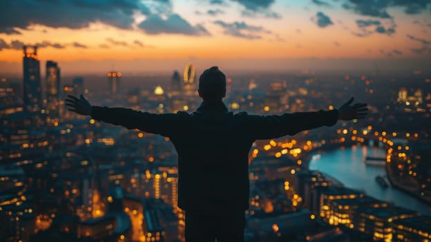 A man is standing in the city with his arms outstretched, looking up at the sky. The city is lit up at night, creating a mood of excitement and wonder