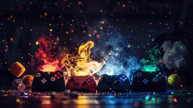 A group of four video game controllers are lit up in a colorful display. The controllers are arranged in a row, with one controller on the left, one in the middle, and two on the right