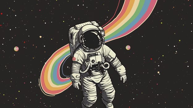 An astronaut in space with rainbow, Abstract wallpaper of an astronaut in space with rainbow, Colorful art of astronaut in the space.