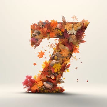 Graphic numbers: Autumn font, letter 7 made of autumn leaves, 3d render