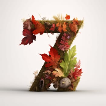 Graphic numbers: Letter 7 made of autumn leaves, 3d render, square image