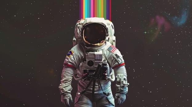 An astronaut in space with rainbow, Abstract wallpaper of an astronaut in space with rainbow, Colorful art of astronaut in the space.