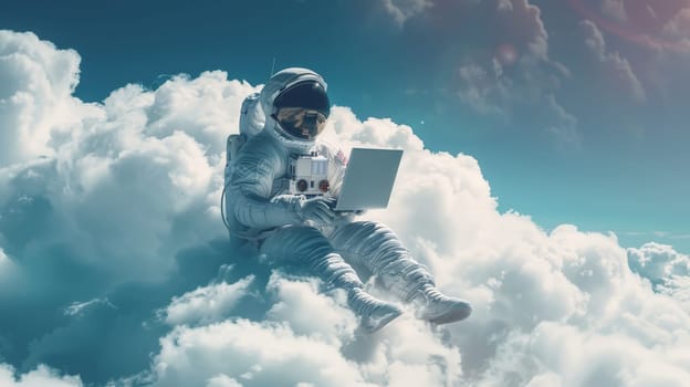 A man in a spacesuit is sitting on a cloud and using a laptop.