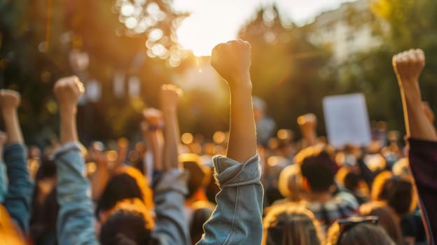 A crowd of people are holding up their hands in the air, with some of them wearing blue shirts. Concept of unity and support