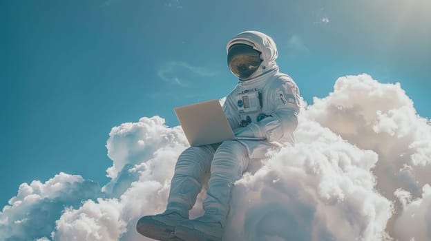 A man in a spacesuit is sitting on a cloud and using a laptop.