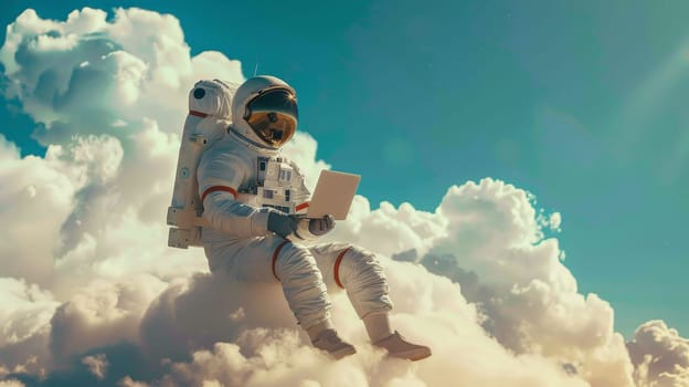 An astronaut is sitting on a cloud and using a laptop.