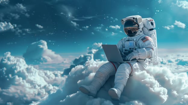 A man in a spacesuit is sitting on a cloud and using a laptop. Concept of adventure and exploration, as the man is in a unique and unconventional setting