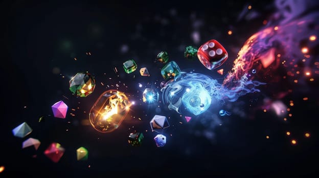 A colorful image of many dice and other objects in a space. Scene is chaotic and energetic