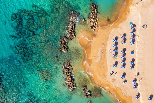 Aerial panoramic view of Coral bay beach, Cyprus. Overhead view of Coral Bay beach, Peyia village, Paphos district, Cyprus. Aerial view of Coral Bay beach in Peyia village, Cyprus.