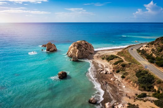 Petra tou Romiou (Aphrodite's Rock) the birthplace of Aphrodite, Paphos, Cyprus. Aerial view of Petra tou Romiou, aka Aphrodite's rock a famous tourist travel destination landmark in Paphos, Cyprus.