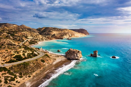 Petra tou Romiou (Aphrodite's Rock) the birthplace of Aphrodite, Paphos, Cyprus. Aerial view of Petra tou Romiou, aka Aphrodite's rock a famous tourist travel destination landmark in Paphos, Cyprus.