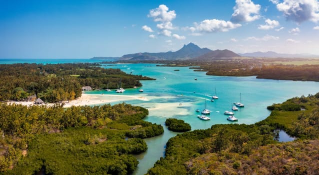 Ile aux Cerfs island with idyllic beach scene, aquamarine sea and soft sand, Ile aux Cerfs, Mauritius, Indian Ocean, Africa. Ile aux Cerf in Mauritius, beautiful water and breathtaking landscape.