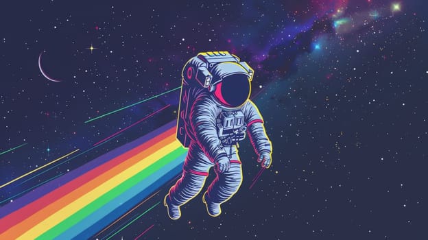 An astronaut in space with rainbow, Abstract wallpaper, Colorful art of astronaut in the space.