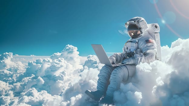 A man in a spacesuit is sitting on a cloud and using a laptop.