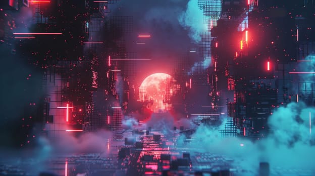 A cityscape with a glowing red moon in the sky. The sky is filled with smoke and the city is lit up with neon lights. Scene is futuristic and mysterious
