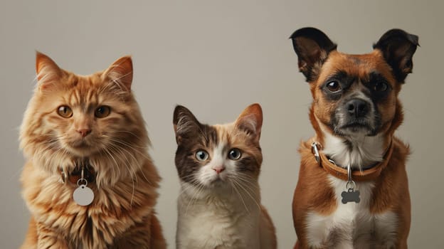 Photography: Three cats with chihuahua dog on grey background, closeup